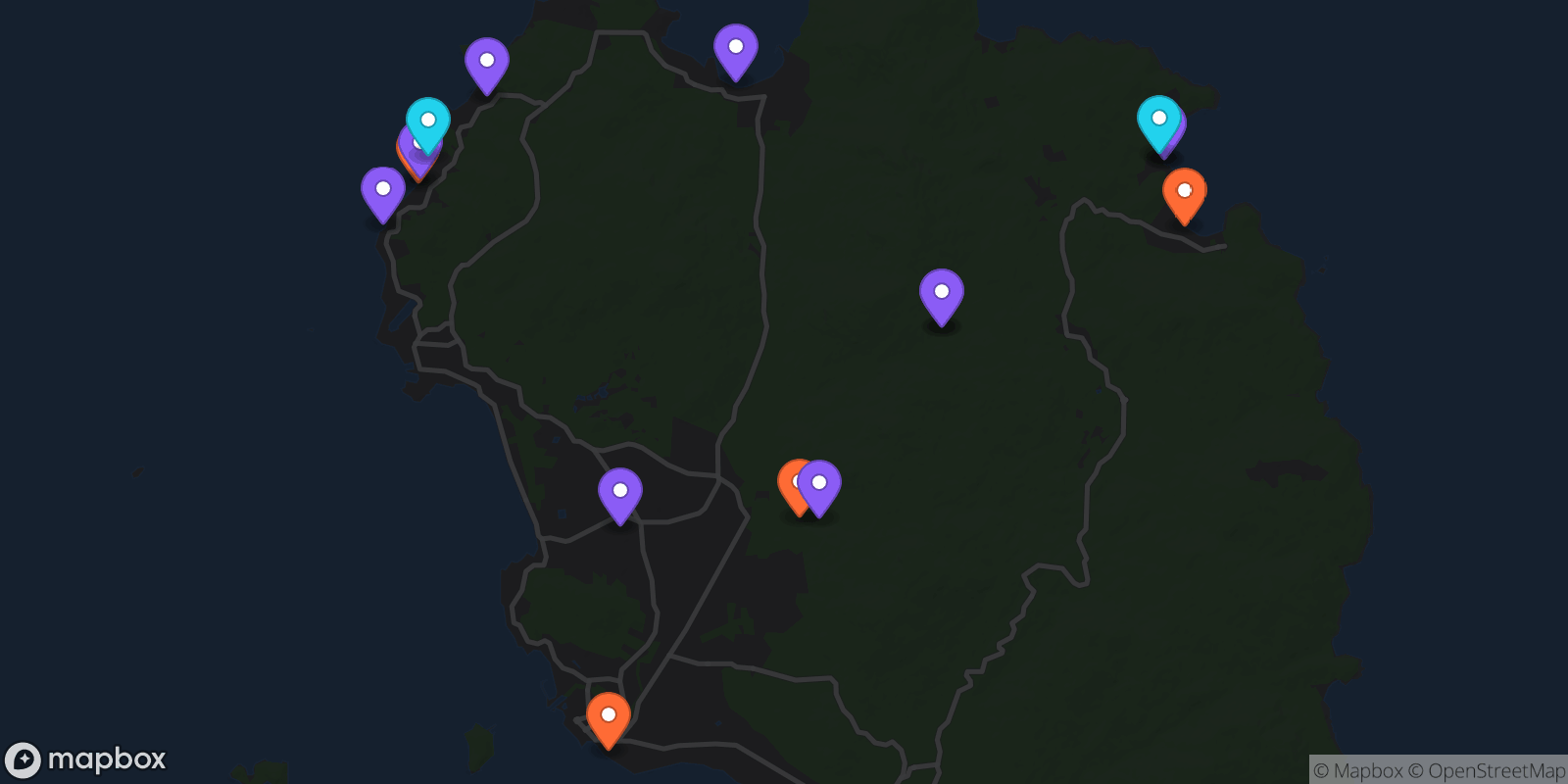 Map showing 16 locations