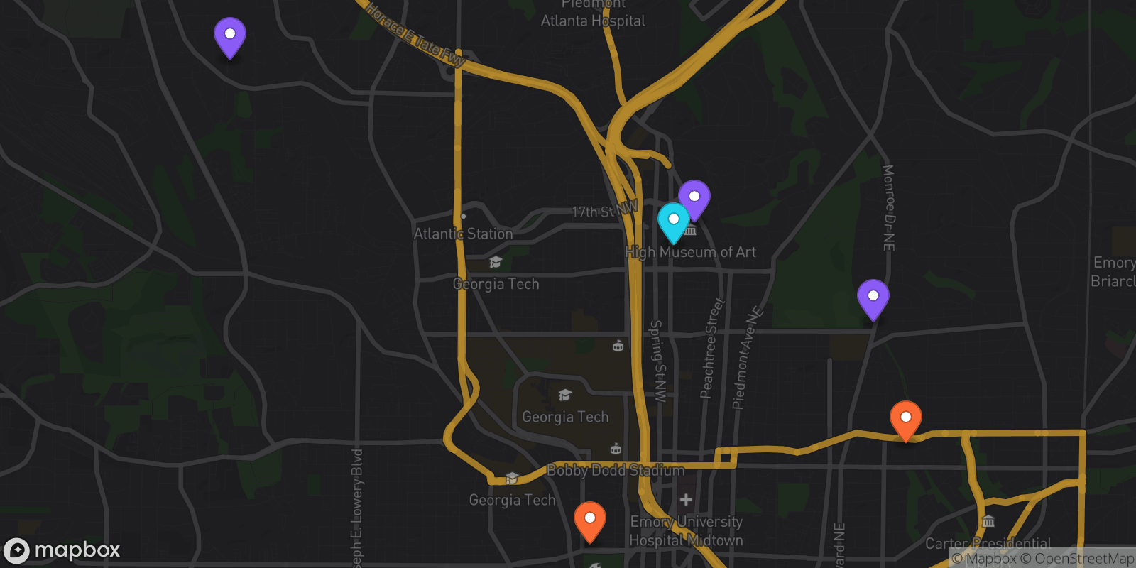 Map showing 6 locations