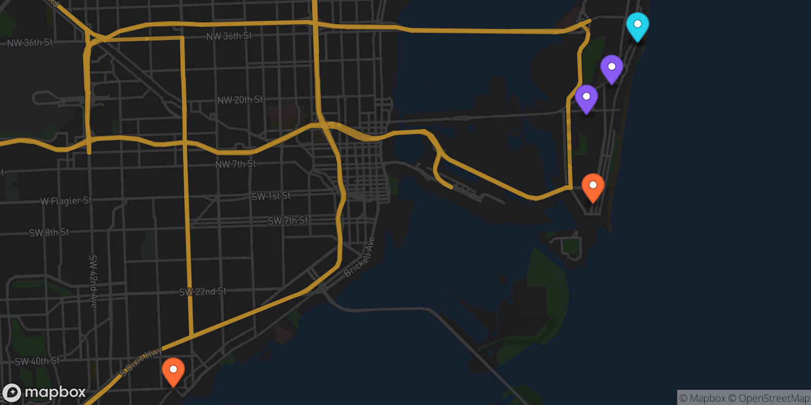 Map showing 6 locations