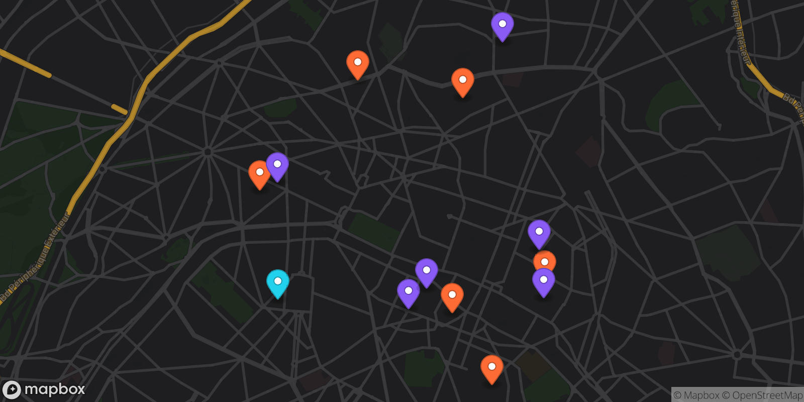 Map showing 13 locations