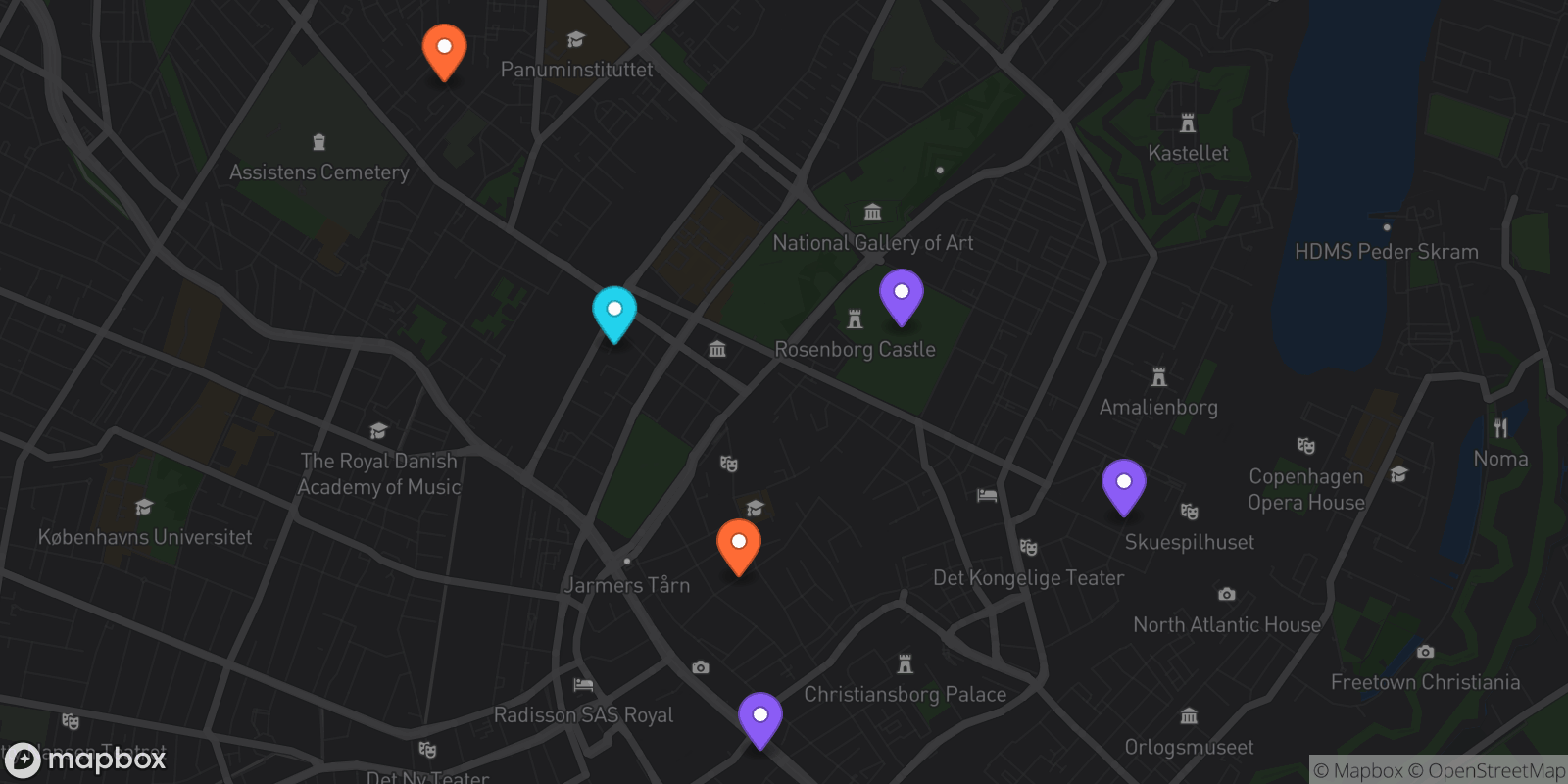 Map showing 6 locations