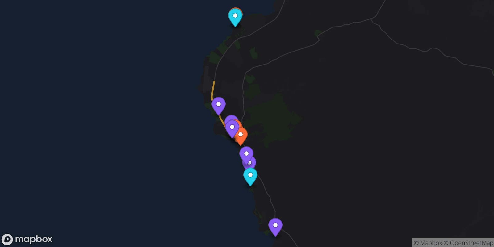 Map showing 15 locations