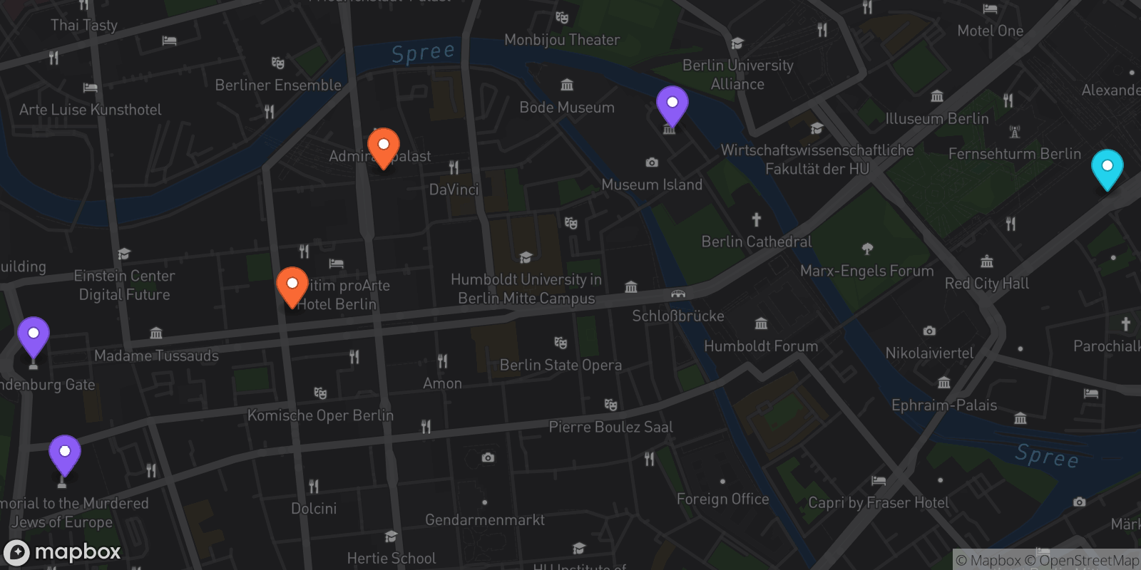 Map showing 6 locations