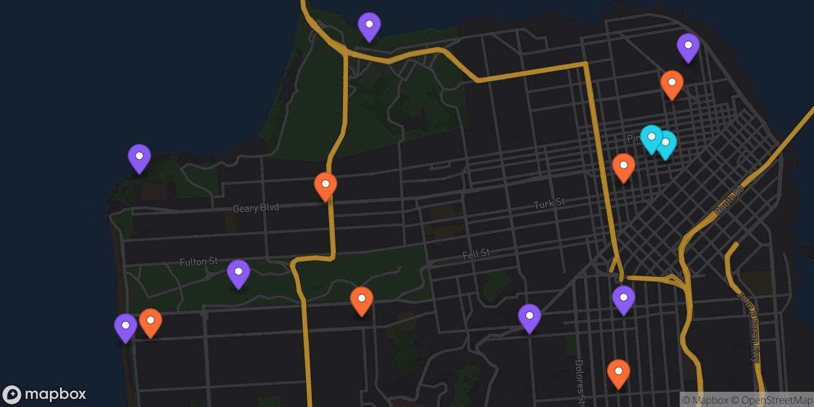 Map showing 15 locations