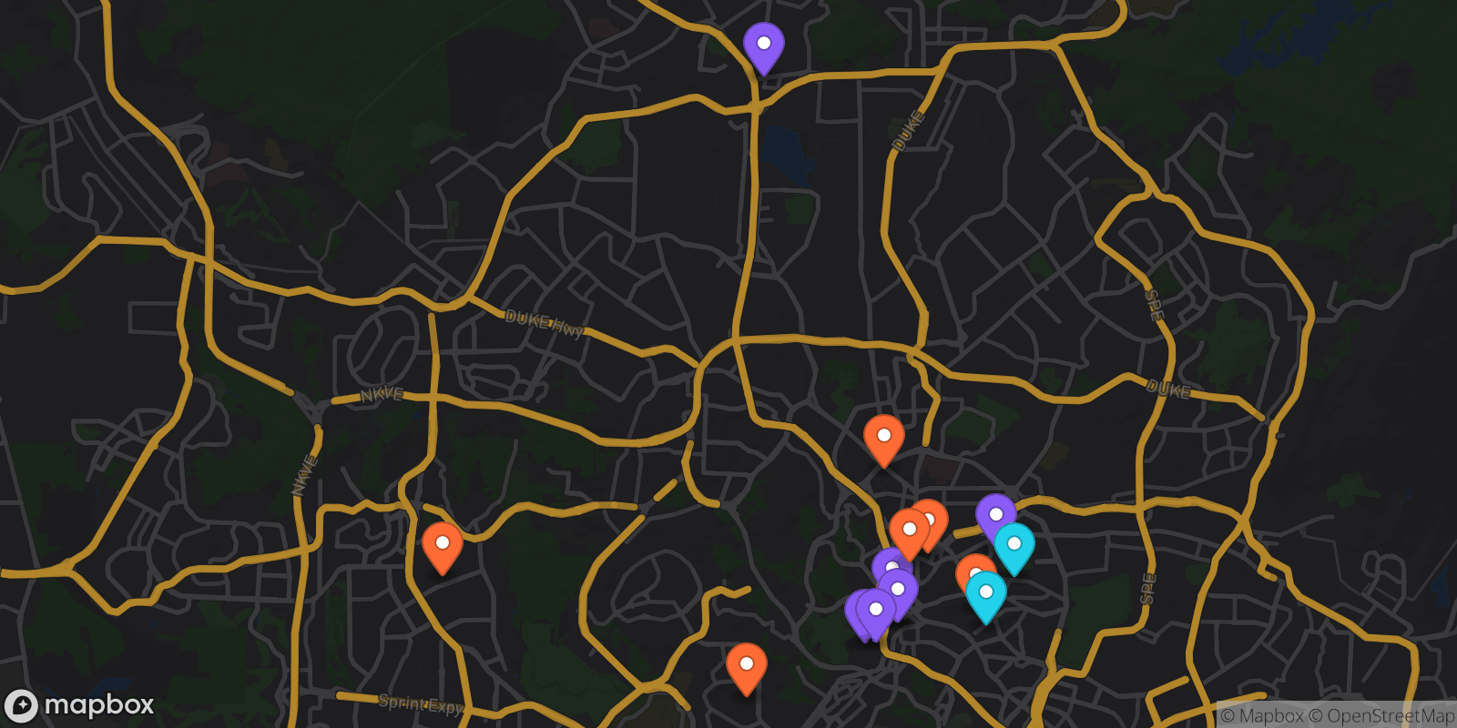 Map showing 15 locations
