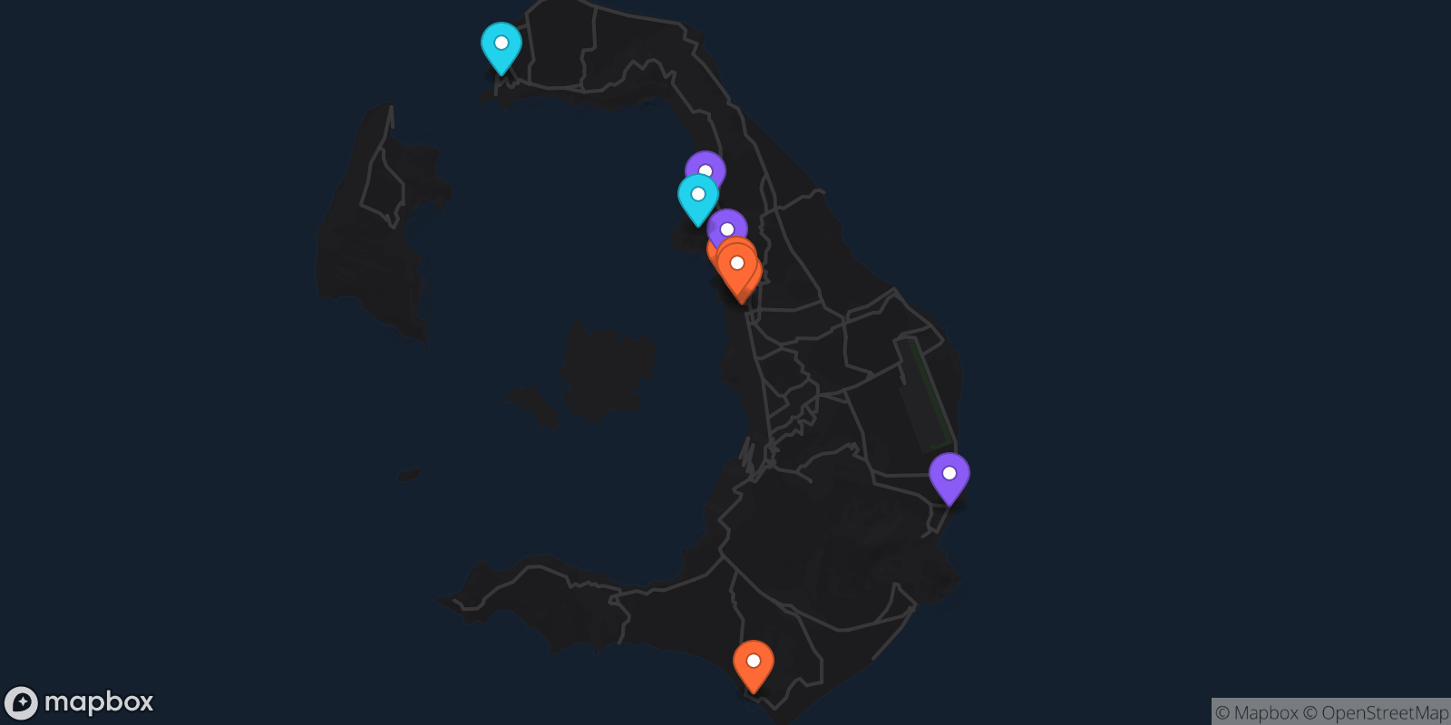 Map showing 10 locations