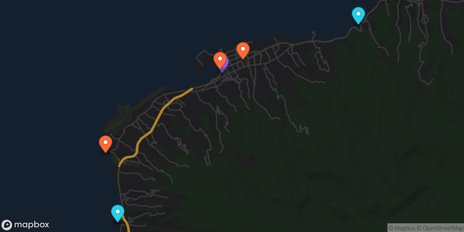 Map showing 7 locations