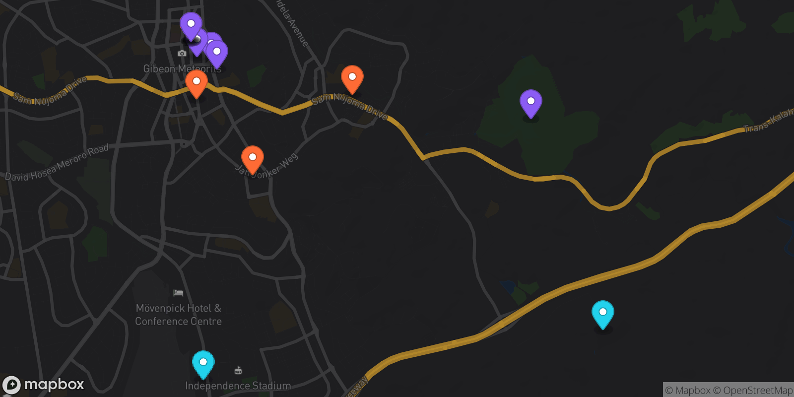 Map showing 15 locations