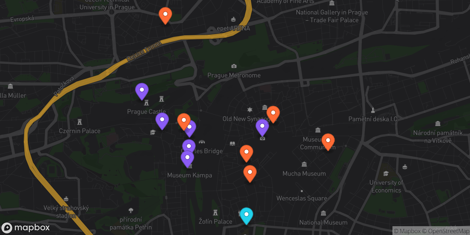 Map showing 13 locations