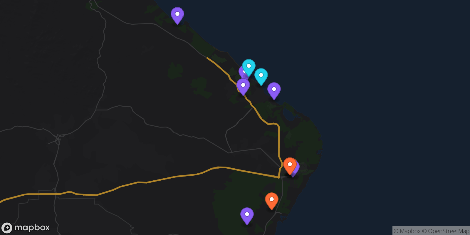 Map showing 13 locations
