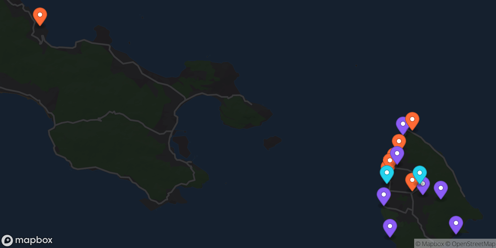 Map showing 16 locations