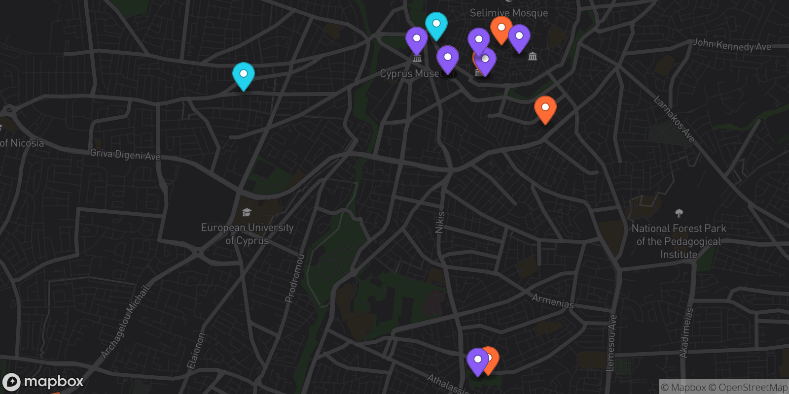 Map showing 15 locations