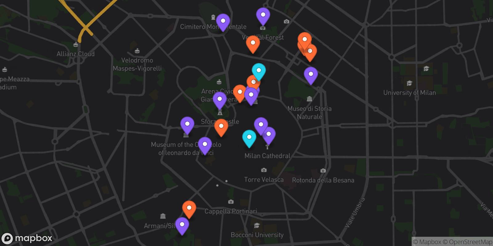 Map showing 21 locations