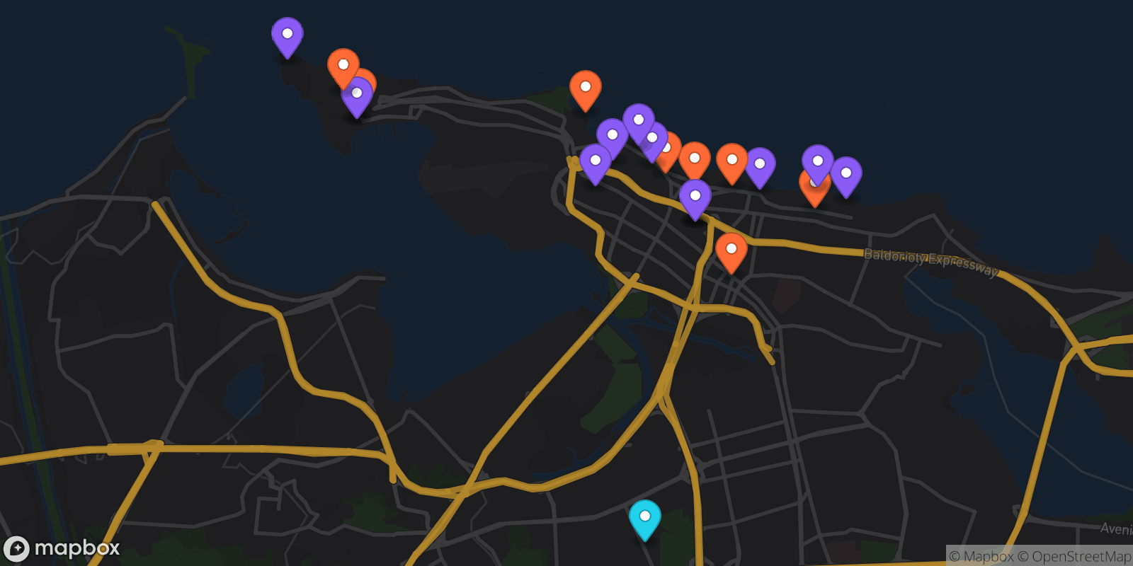 Map showing 22 locations