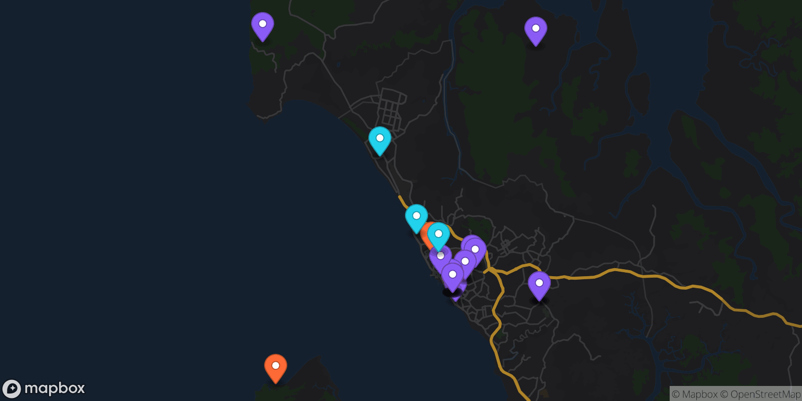 Map showing 25 locations