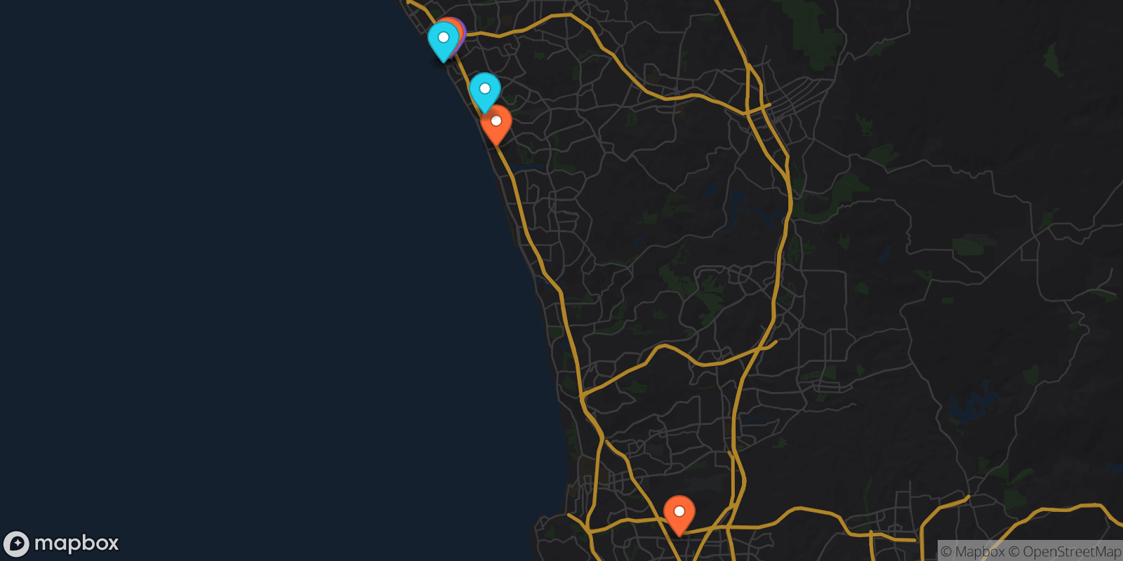 Map showing 6 locations