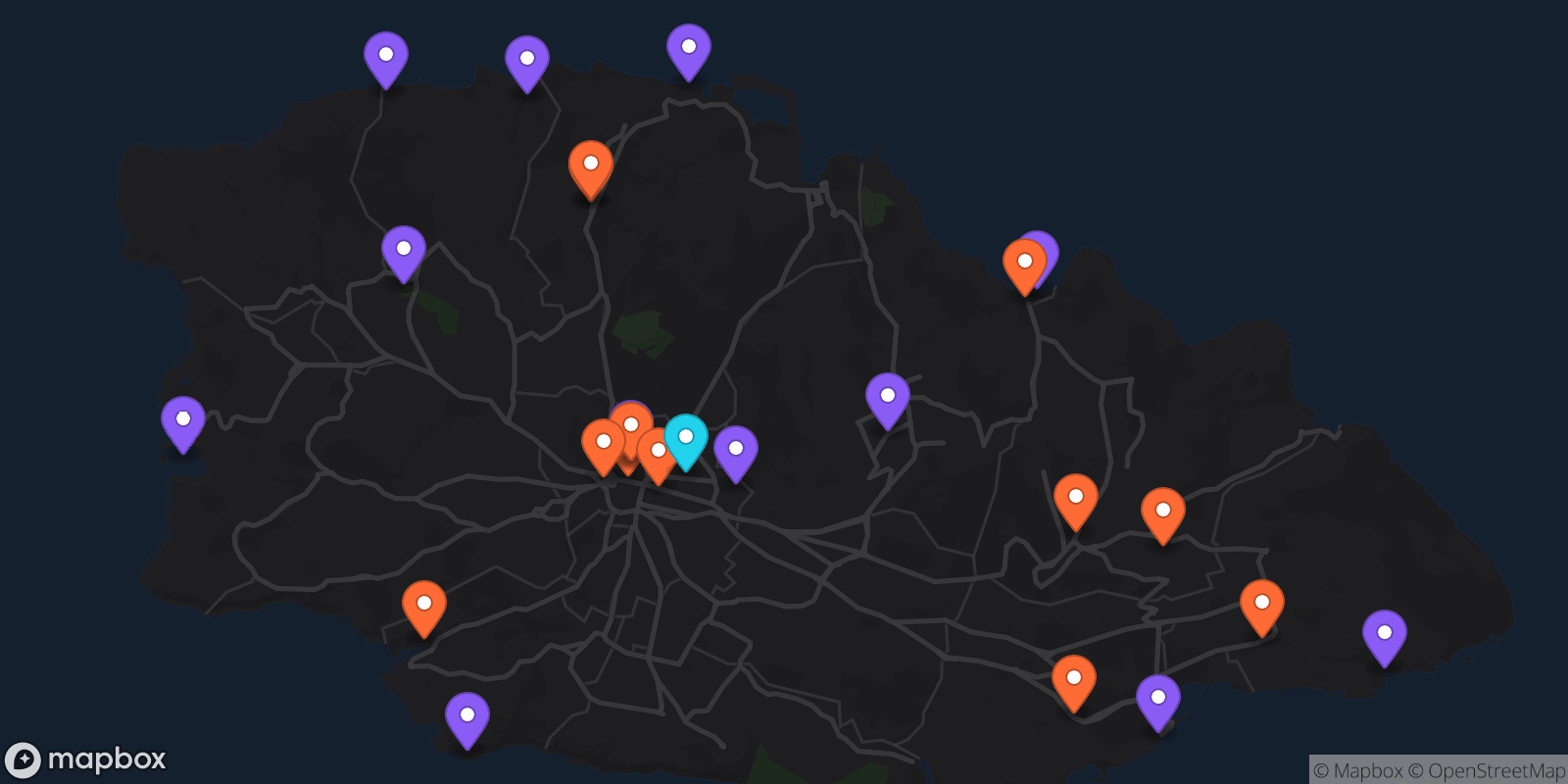 Map showing 25 locations