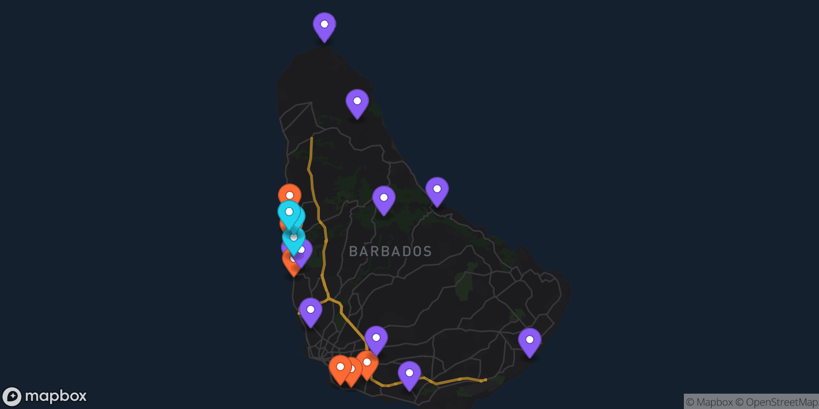 Map showing 19 locations