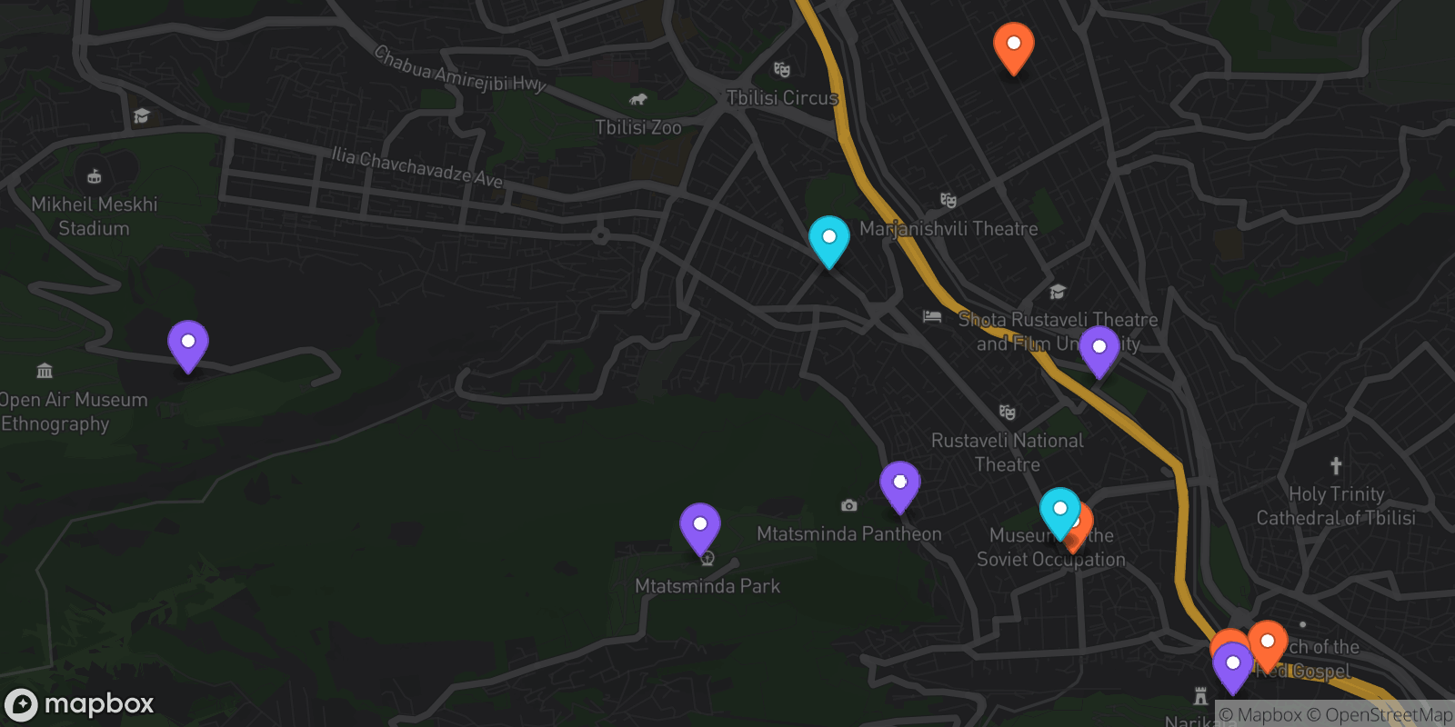 Map showing 13 locations