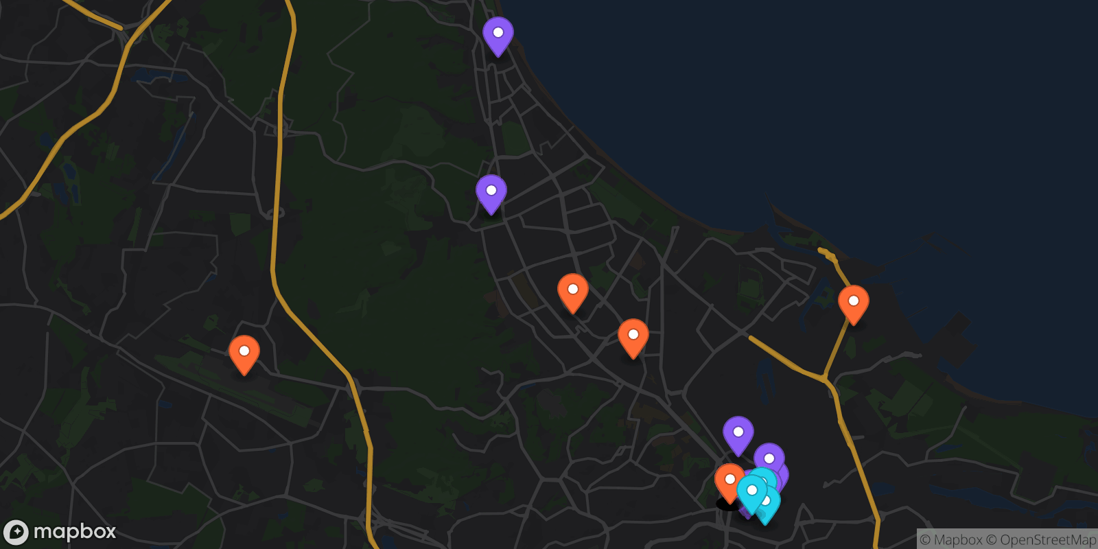 Map showing 43 locations