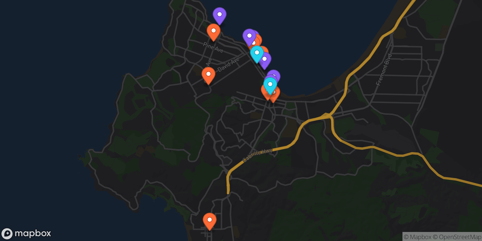 Map showing 16 locations