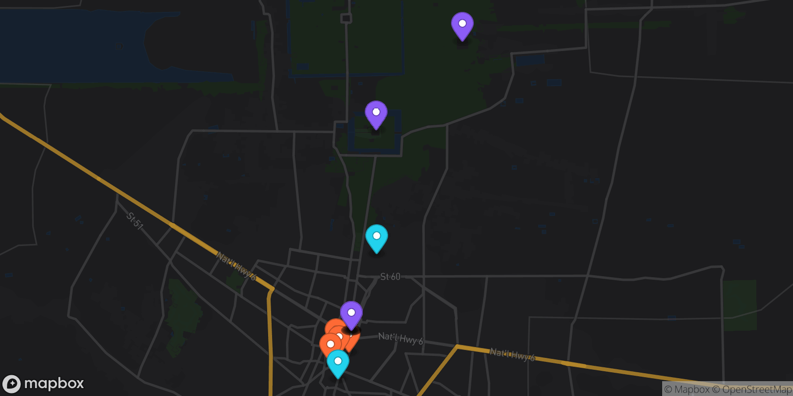 Map showing 16 locations