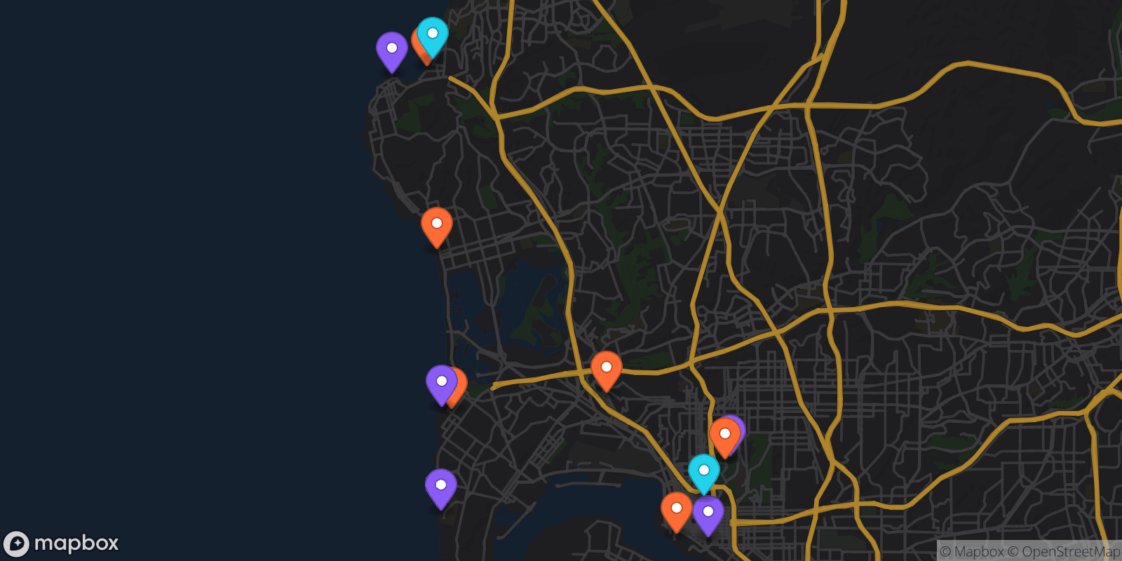 Map showing 13 locations