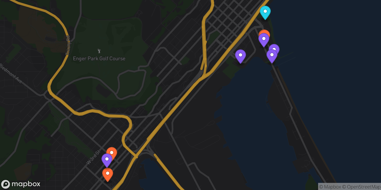 Map showing 10 locations