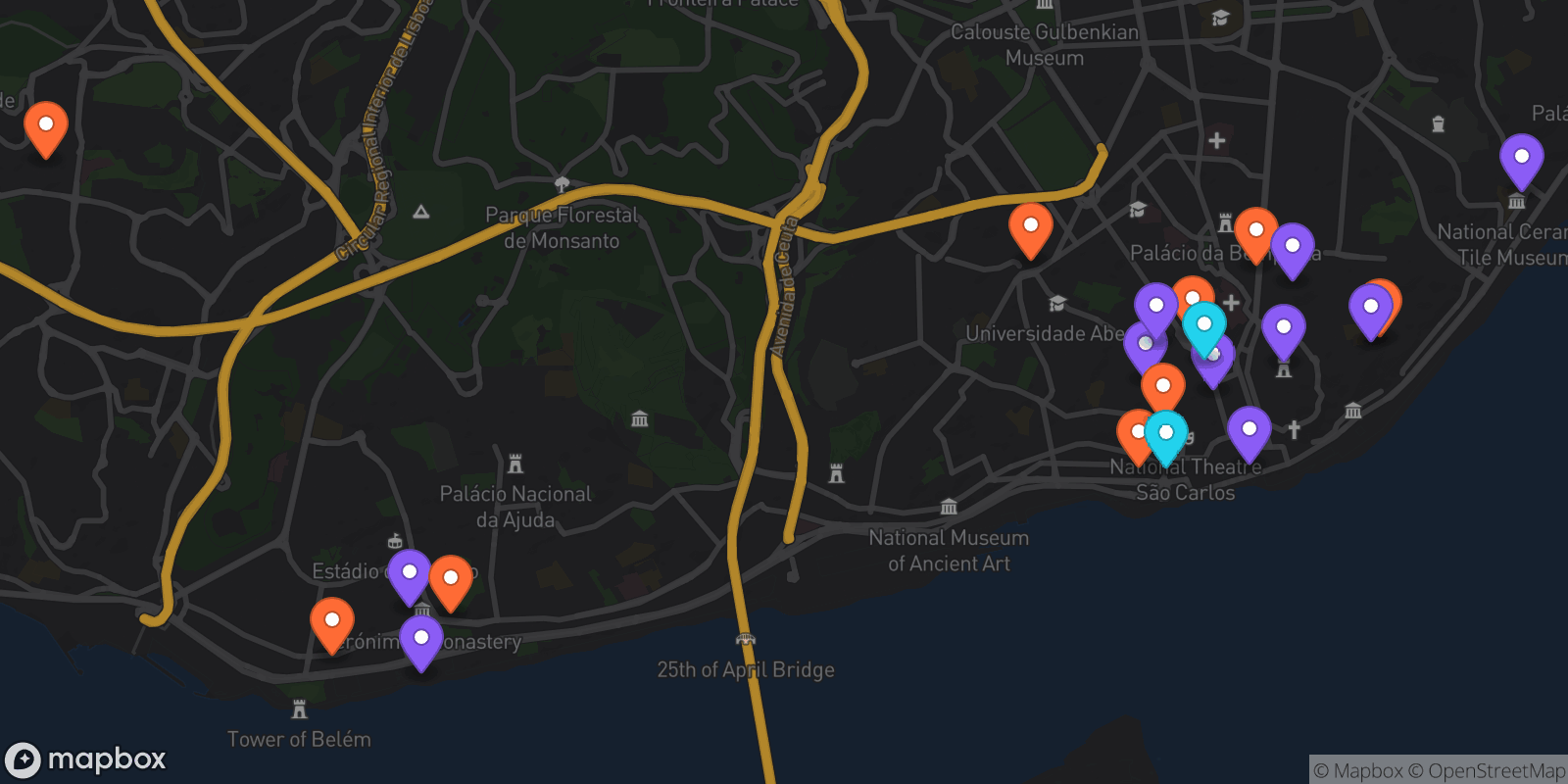 Map showing 21 locations