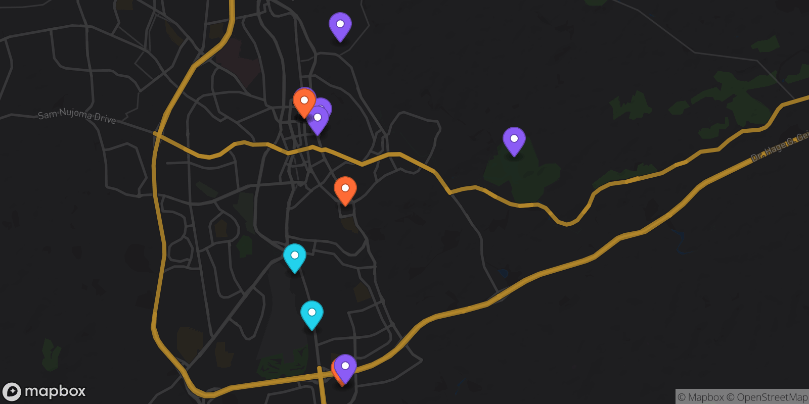 Map showing 15 locations