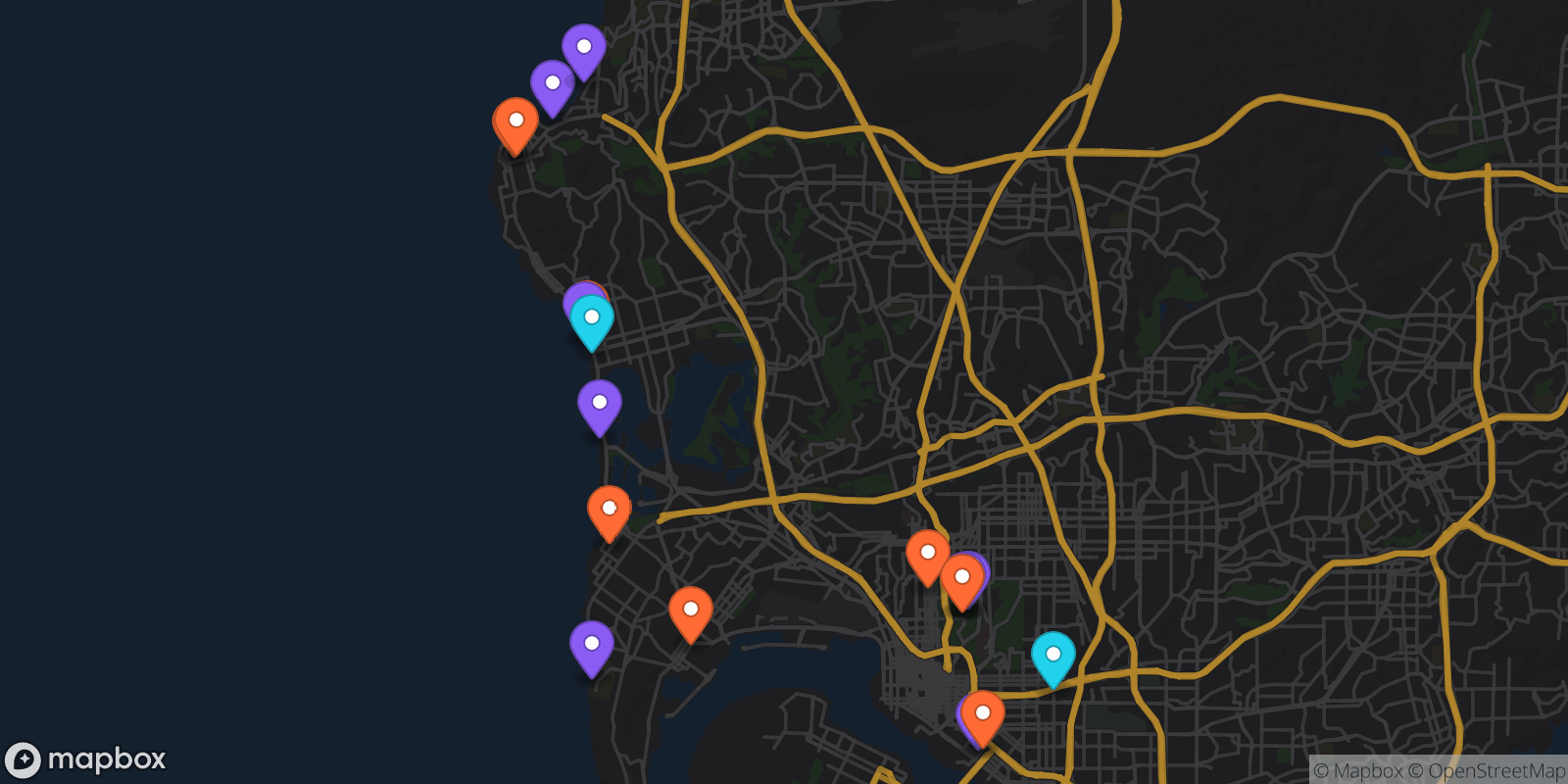 Map showing 18 locations