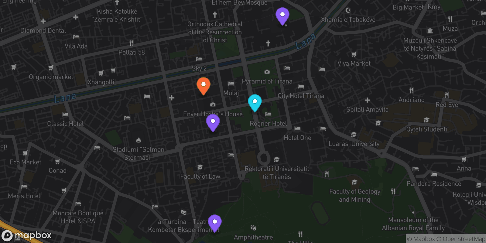 Map showing 5 locations