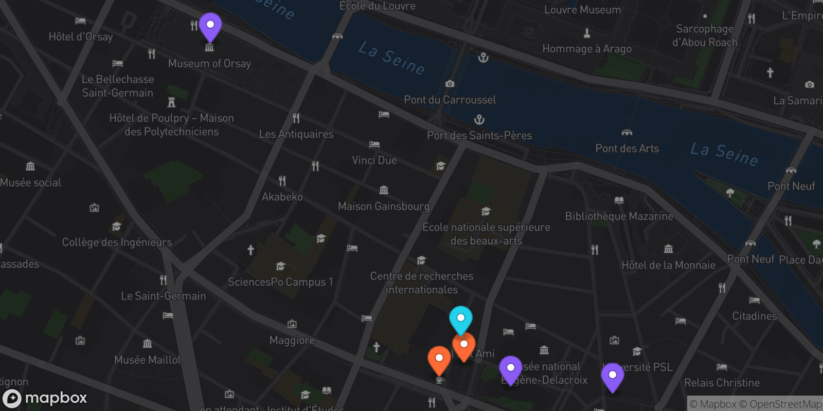 Map showing 6 locations