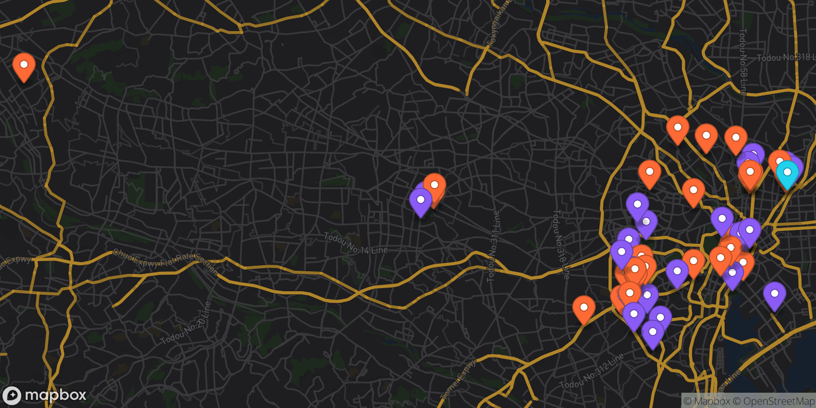 Map showing 62 locations