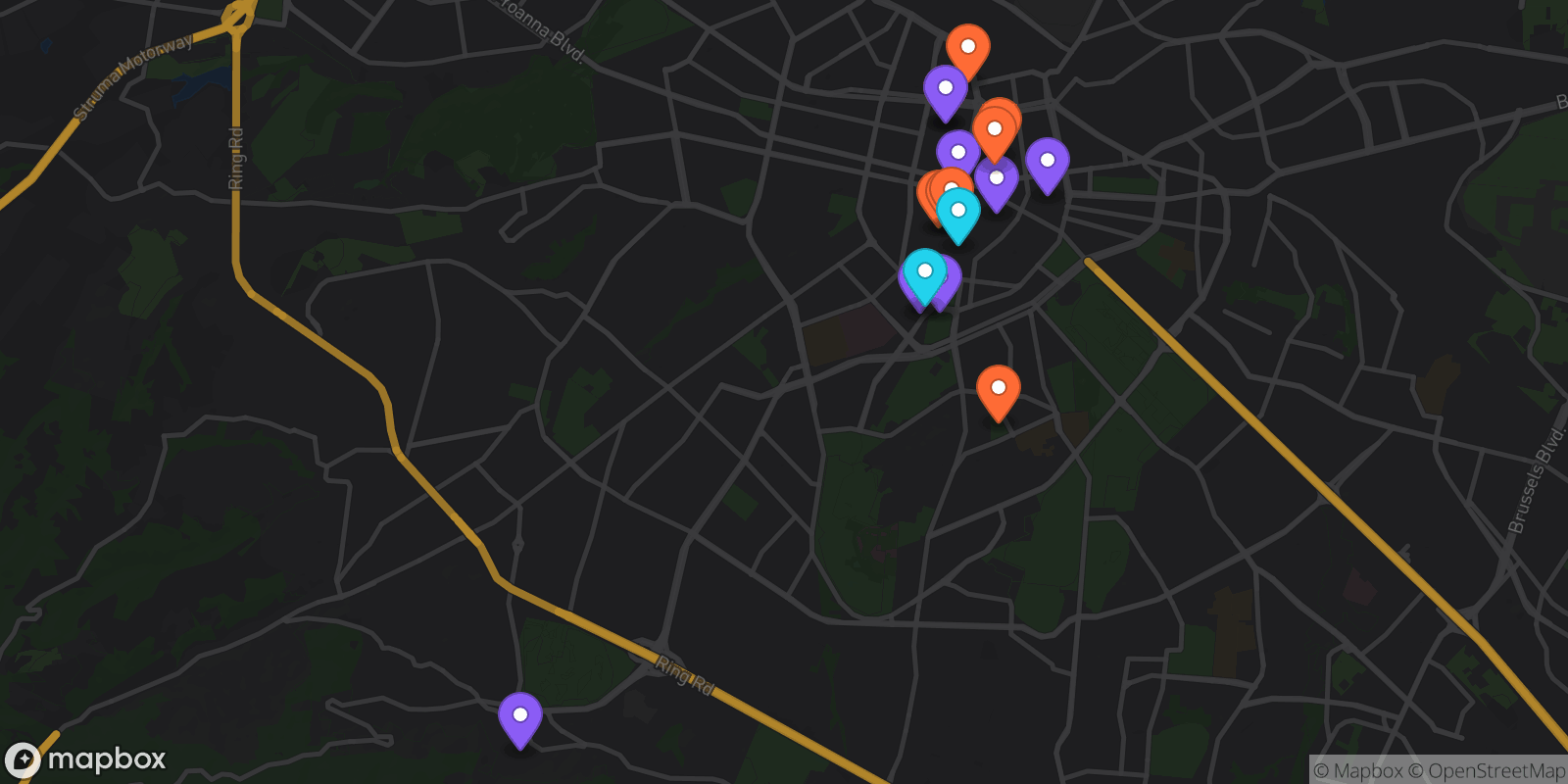 Map showing 17 locations
