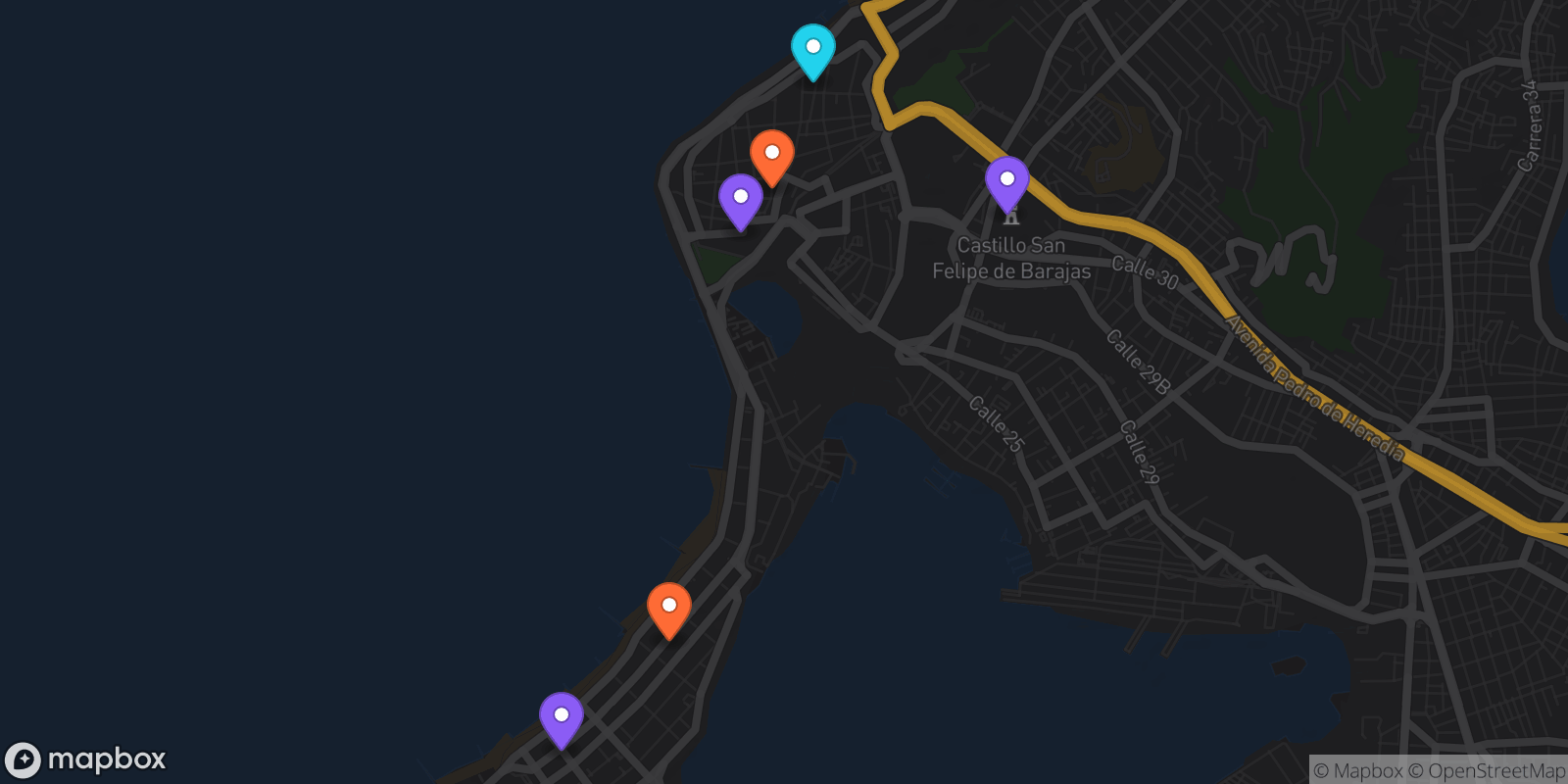 Map showing 6 locations