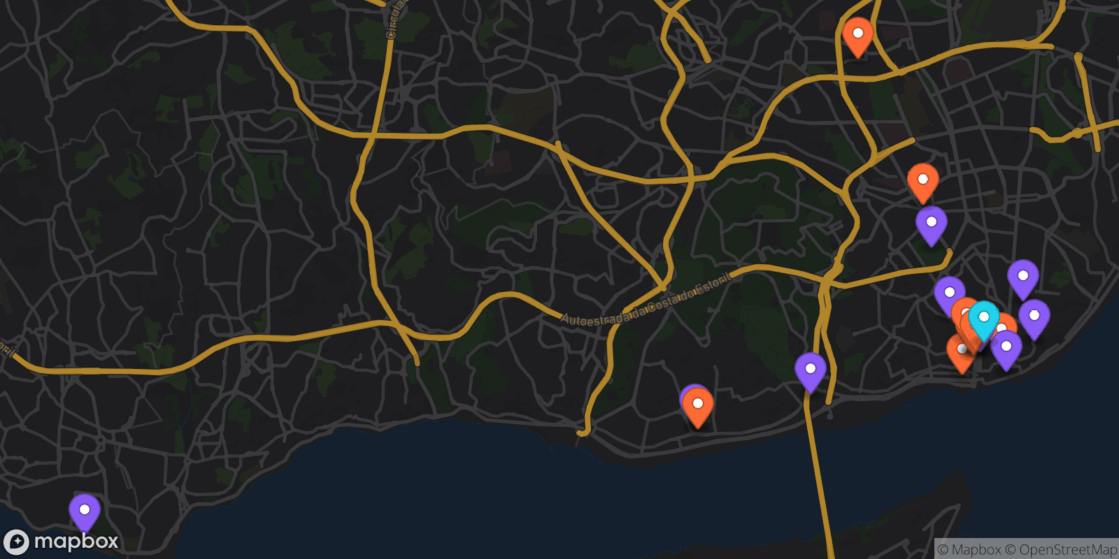 Map showing 21 locations