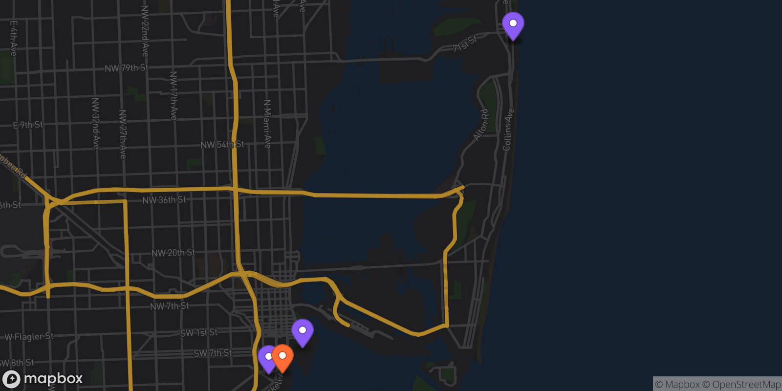 Map showing 5 locations