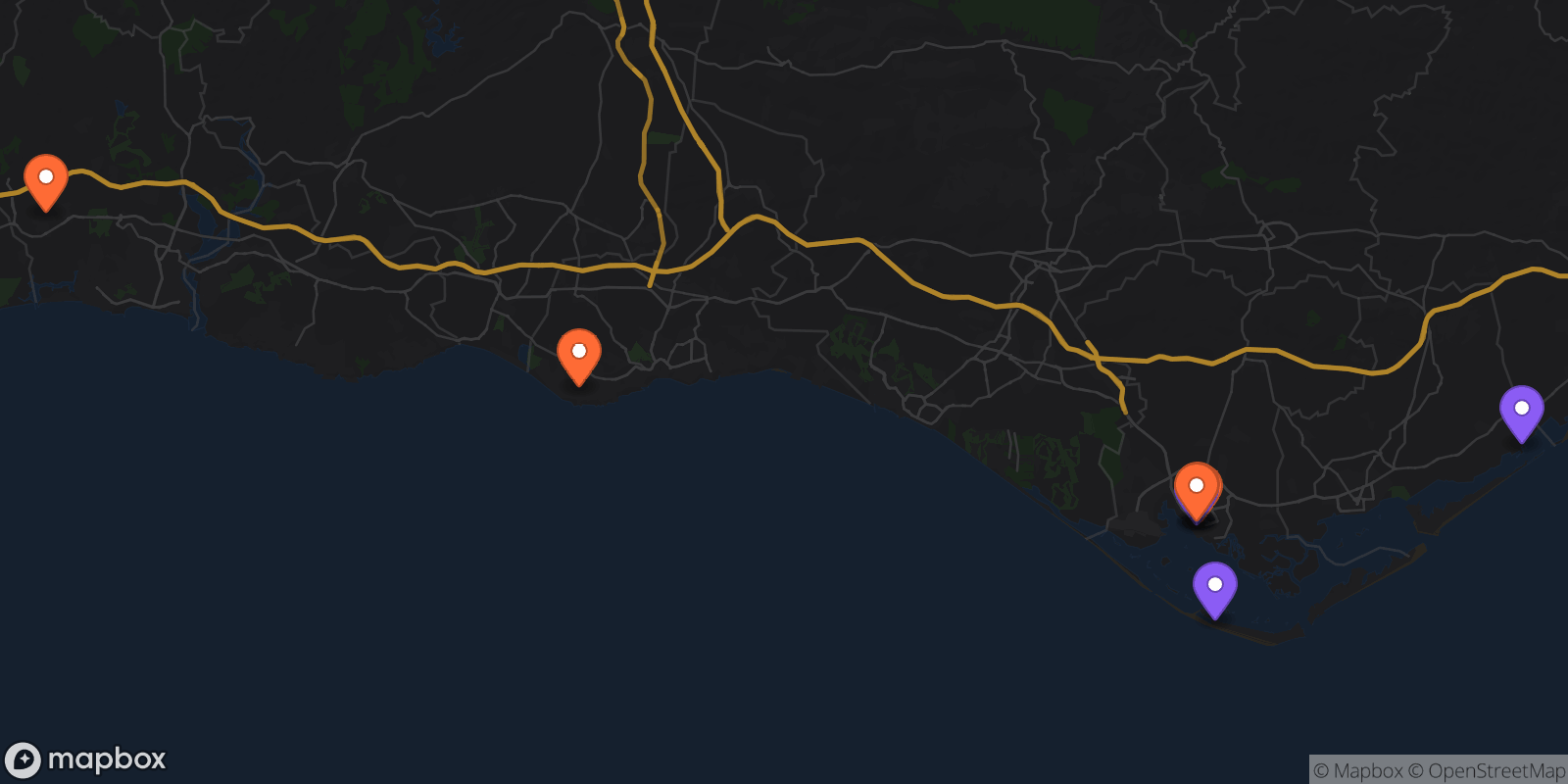 Map showing 8 locations