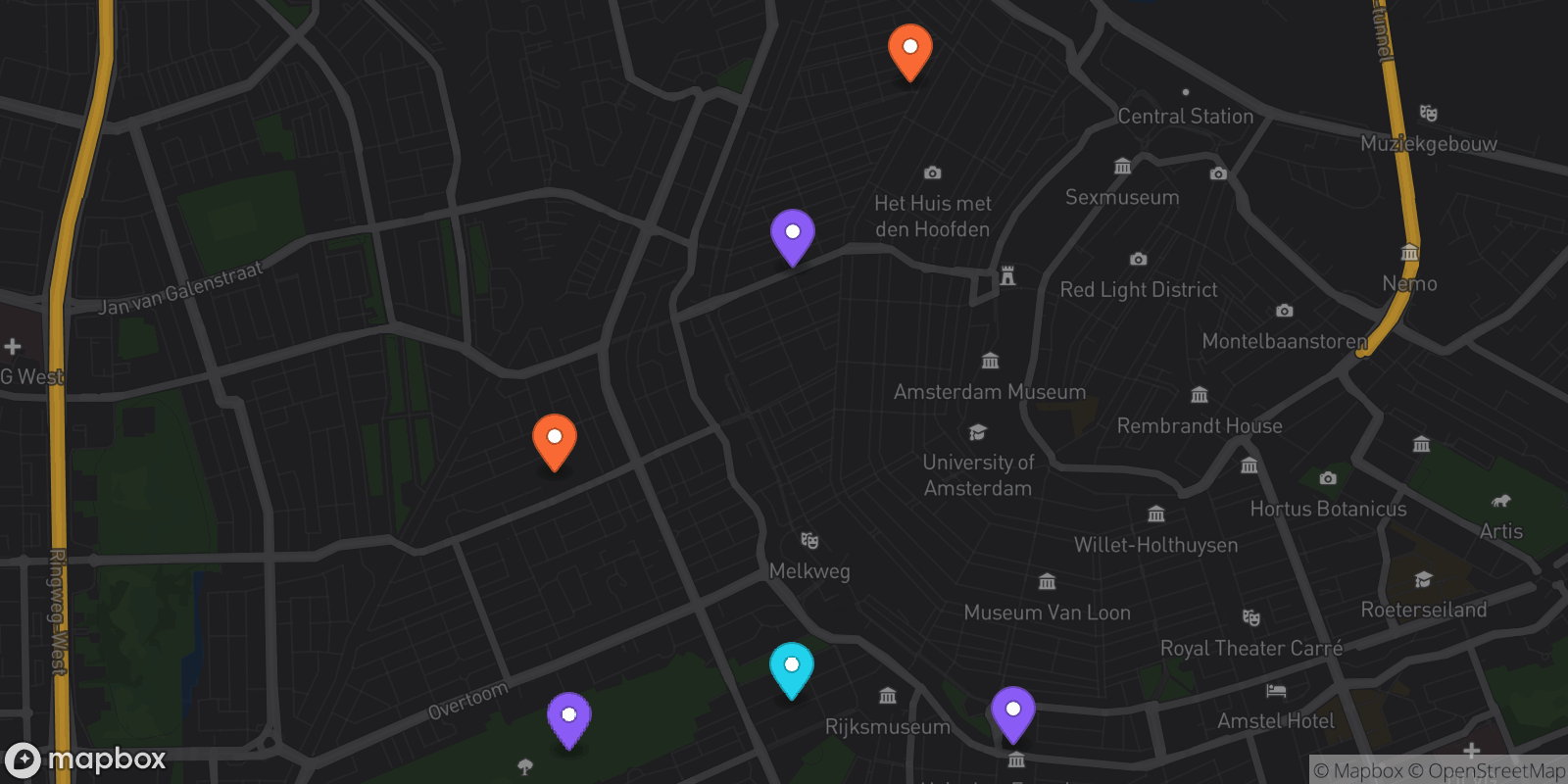 Map showing 6 locations