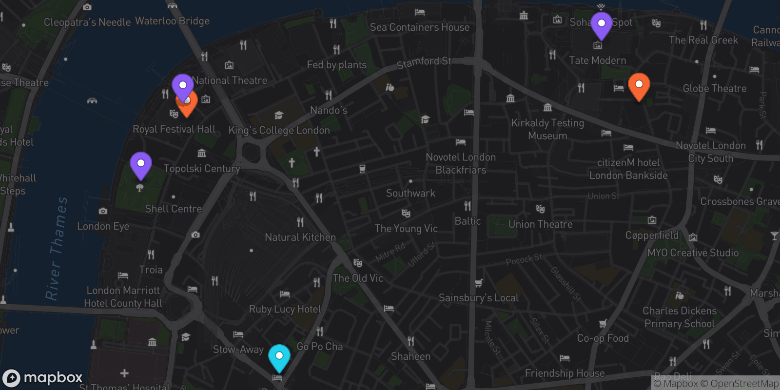 Map showing 6 locations