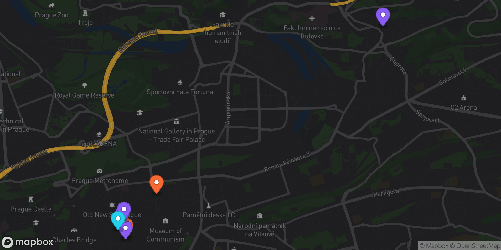 Map showing 7 locations