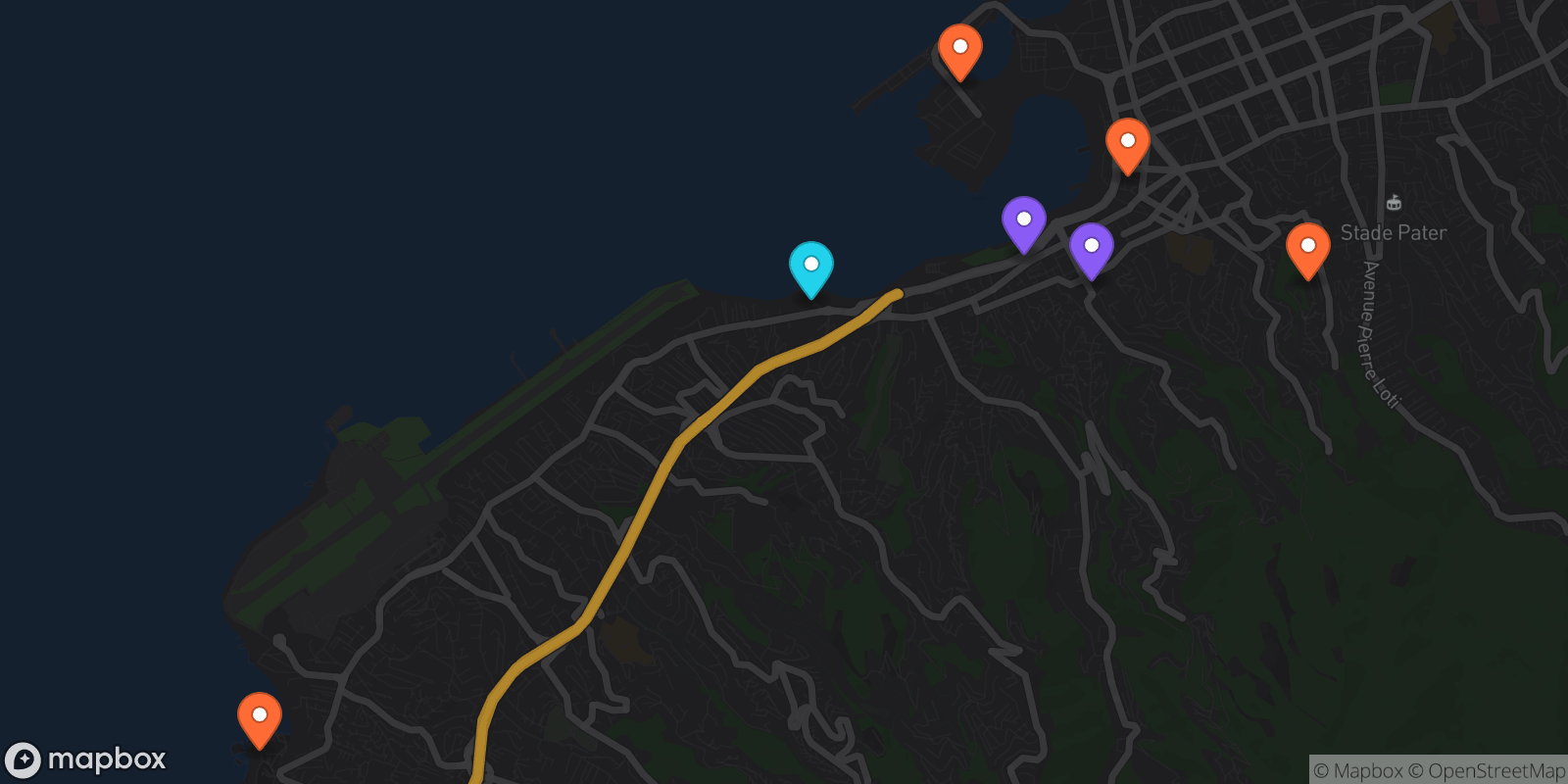 Map showing 7 locations