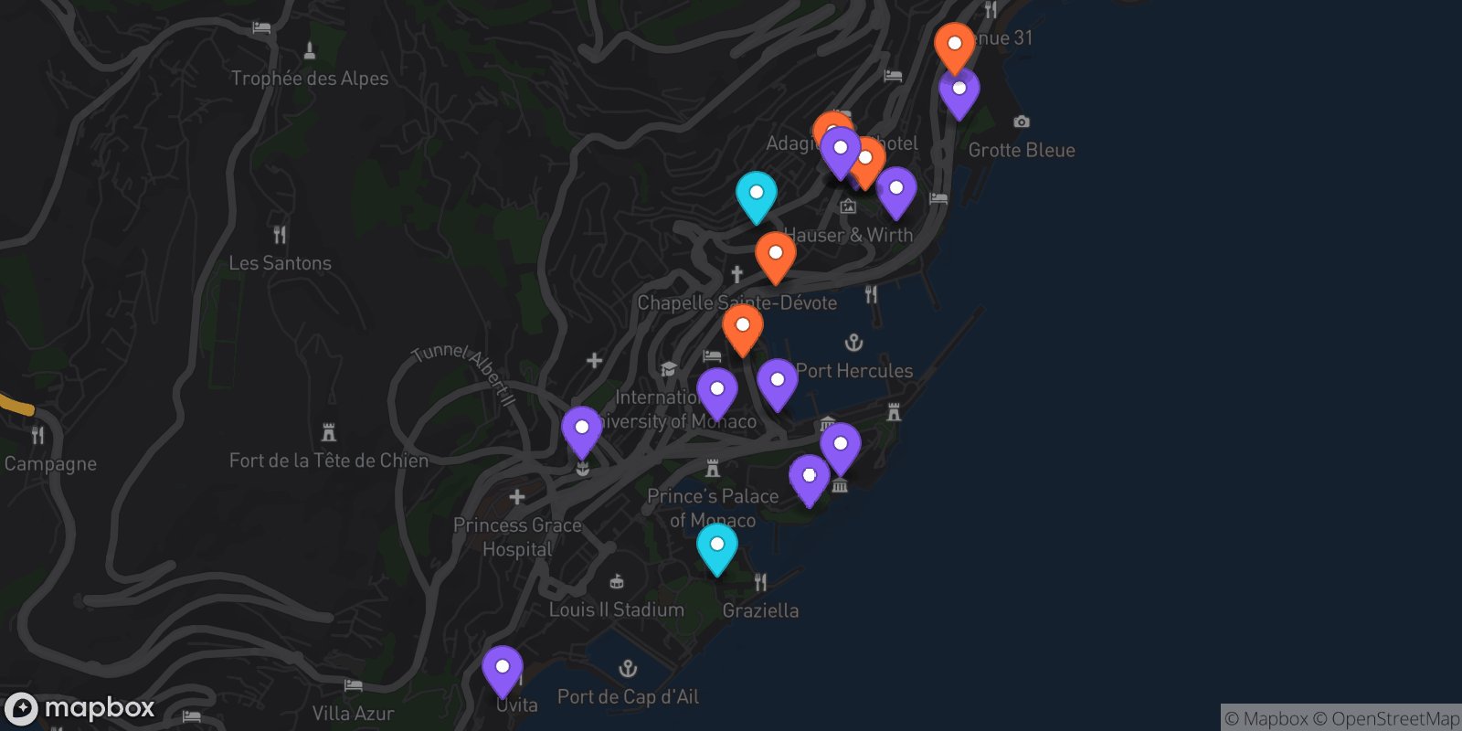 Map showing 21 locations