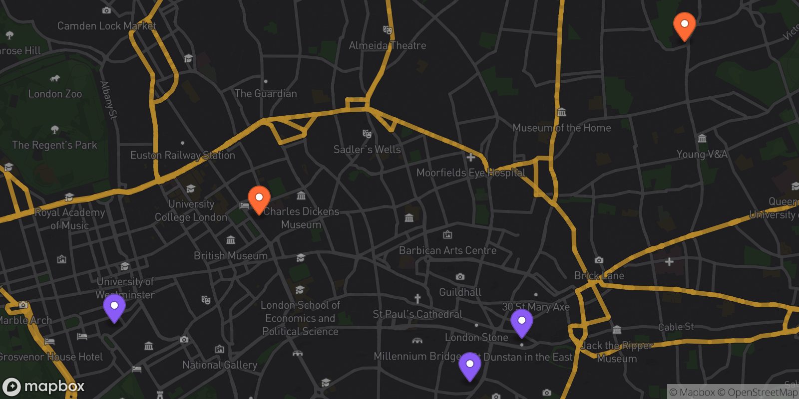 Map showing 5 locations