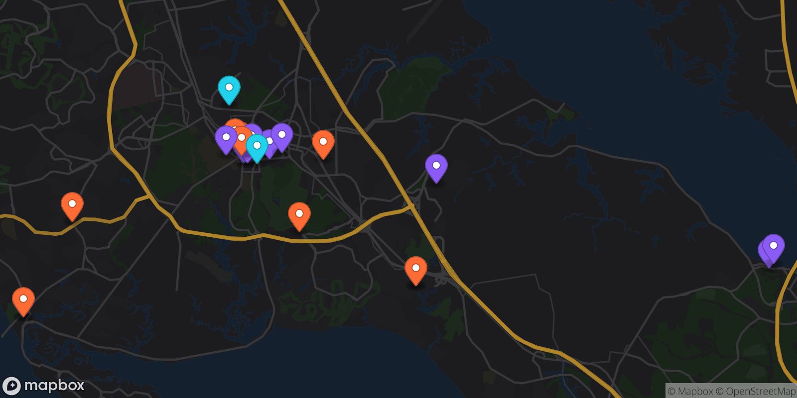 Map showing 21 locations
