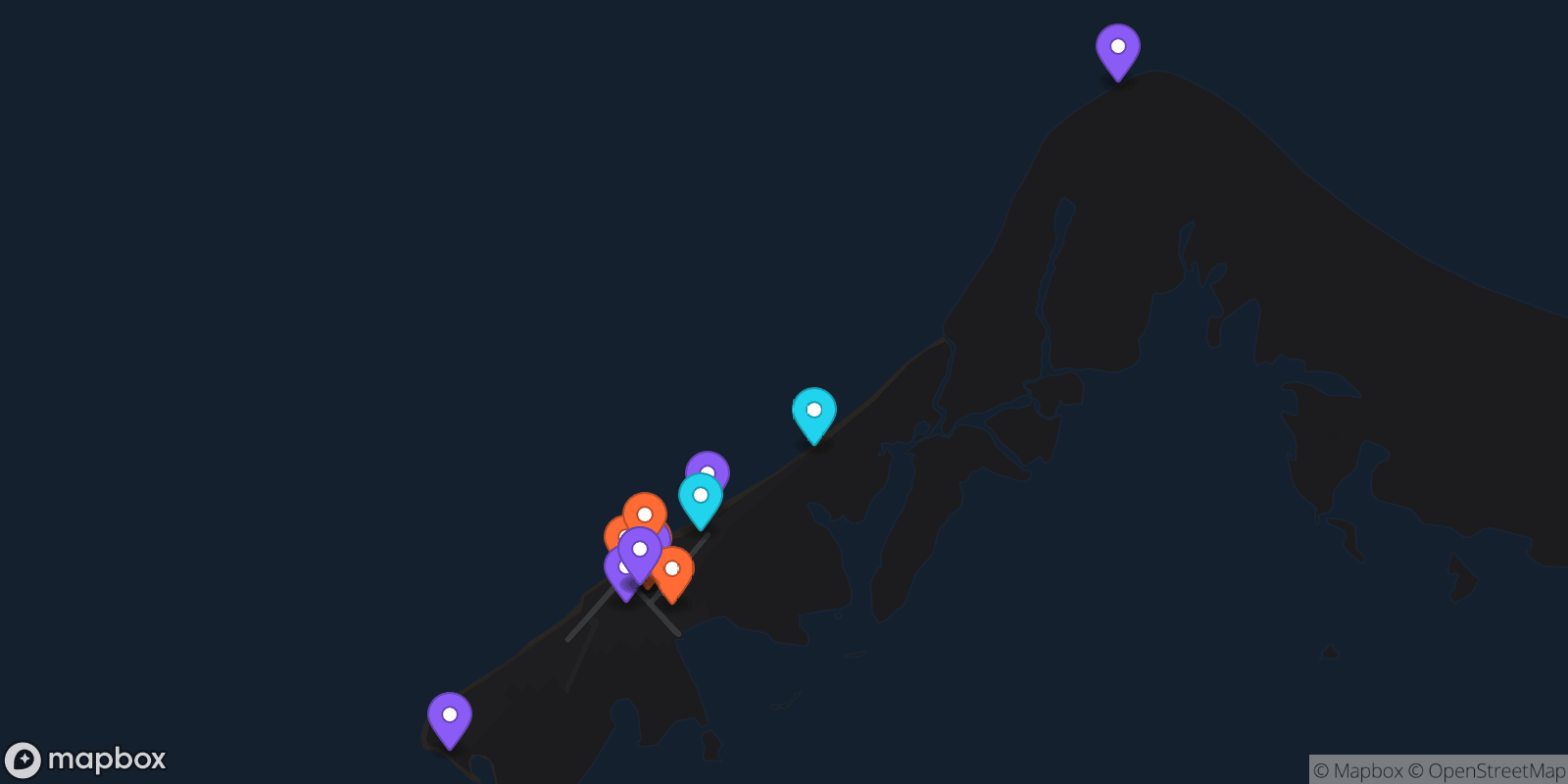 Map showing 14 locations