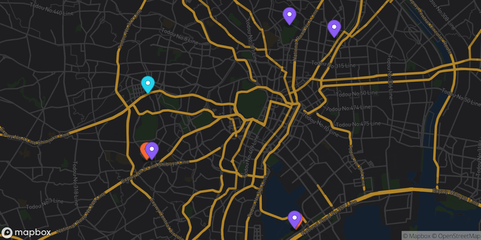 Map showing 7 locations