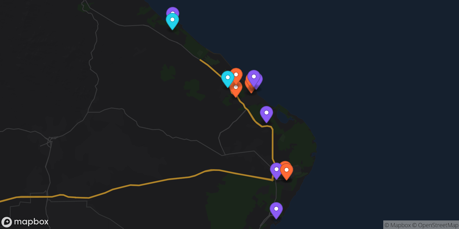Map showing 15 locations