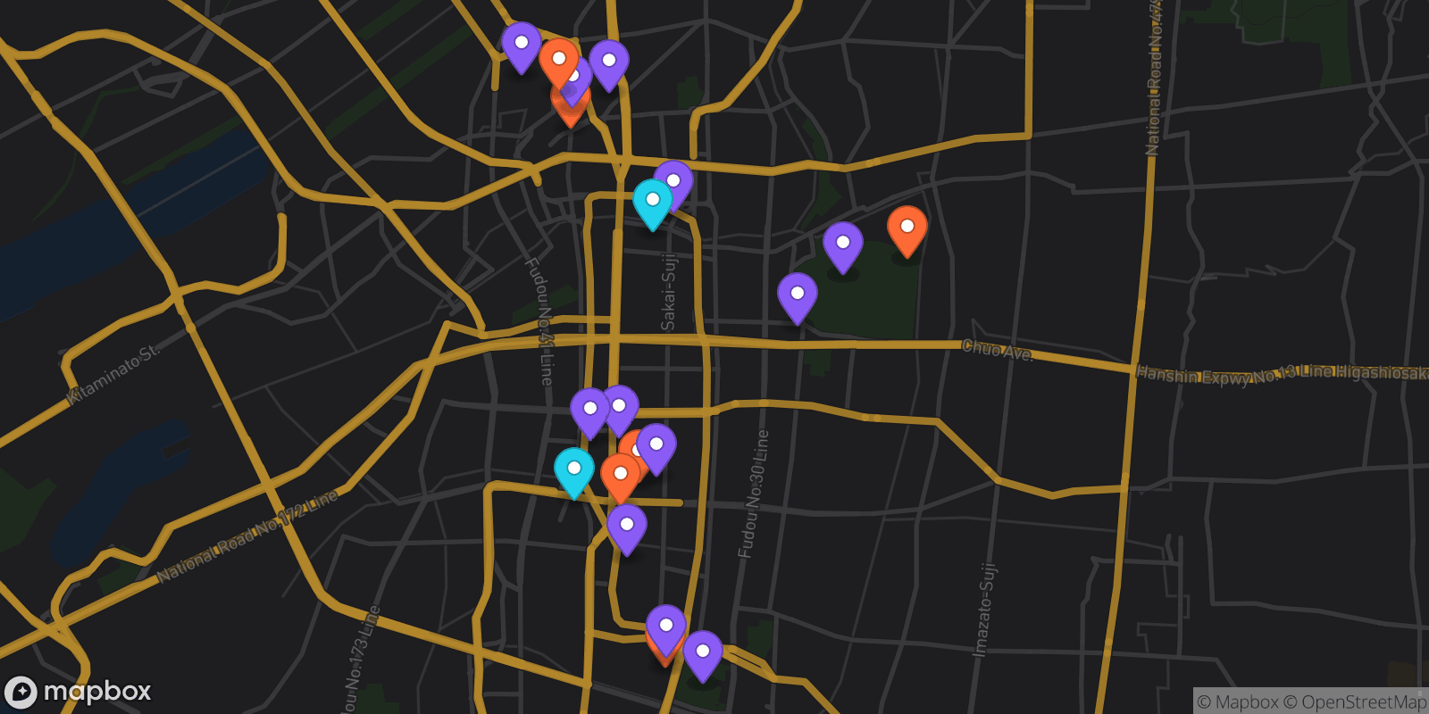 Map showing 20 locations